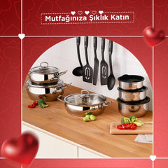 Emsan Karıştır Pişir Sakla 17 Parça Servis Gereçli Çelik Tencere Seti