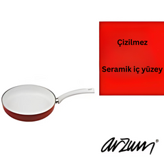 Arzum Ceramicart 24 cm. Kırmızı Tava Silikon Kaşık ve Maşa HEDİYELİ