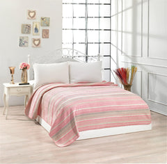 Çift Kişilik 180x220 Cm İnce Battaniye Yatak Örtüsü Pembe Krem