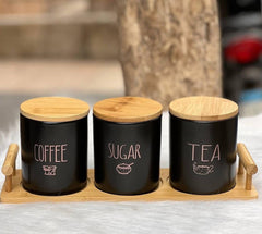 Üçlü Ahşap Kapak Çay Kahve ve Şeker Kavanoz Seti Siyah