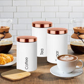 3 lü Metal Kahvelik Şekerlik Seti Bronz Kapak Beyaz