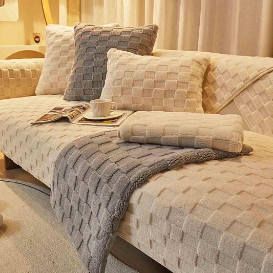 Bej İskandinav Kapitone Kaymaz Kalın Kanepe Örtüsü Kılıfı