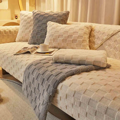 Bej İskandinav Kapitone Kaymaz Kalın Kanepe Örtüsü Kılıfı