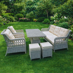 Rattan Balkon Bahçe Teras Oturma Grubu Camlı Masa 3+1+1 ve 2 Bej