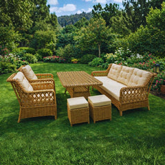 Rattan Balkon Bahçe Teras Oturma Grubu Camlı Masa 3+1+1 ve 2 Puf Açık Kahve