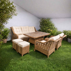 Rattan Balkon Bahçe Teras Oturma Grubu Camlı Masa 3+1+1 ve 2 Puf Açık Kahve