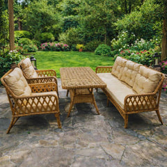 Rattan Balkon Bahçe Teras Oturma Grubu Camlı Masa 3+1+1 Kahve