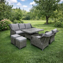 Rattan Balkon Bahçe Teras Oturma Grubu Camlı Masa 3+1+1 ve 2 Açık Gri