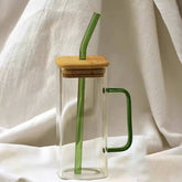 Borosilkat Cam 380 ML Pipetli Bambu Kapaklı Meşrubat Bardağı Yeşil