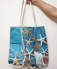 Deniz Kabukları Desenli 50x38cm İp Askılı Plaj Çantası