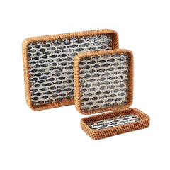 Balık Desenli Üçlü Rattan Tepsi