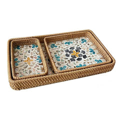 Renkli Çiçek Desenli Üçlü Rattan Tepsi