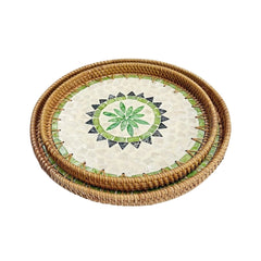 Mother-of-Pearl Patterned Round Double Rattan Tray