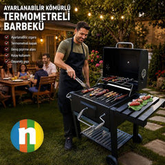 Ayarlanabilir Raflı Kömürlü Termometreli Barbekü Bahçe Izgarası Mangal