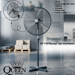Queen 30'' 3 Kanatlı Sanayi Tipi Vantilatör Siyah