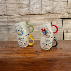 Dört Adet Renkli Saplı Yazılı 400 ml Kupa Mug