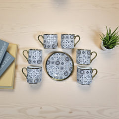 Gold Ayrıntılı Retro Mozaik Desen 6 Kişilik Kahve Fincan Takımı