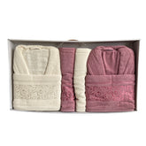 Lena Mila 6 Parça Aile Banyo Bornoz Seti Gül Kurusu Beyaz