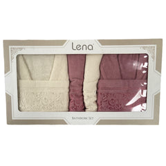 Lena Mila 6 Parça Aile Banyo Bornoz Seti Gül Kurusu Beyaz