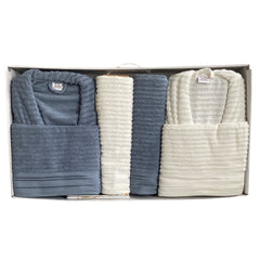 Julie Mila 6 Parça Aile Banyo Bornoz Seti Mavi Beyaz