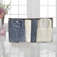 Julie Mila 6 Parça Aile Banyo Bornoz Seti Mavi Beyaz