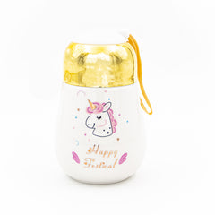 Seramik Happy Festival Yazılı Desenli Gold Kapaklı Termos Bardak