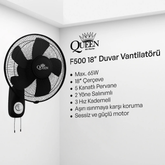 Queen 18'' 5 Kanatlı Sessiz Duvar Vantilatörü Siyah