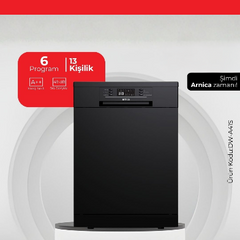 Arnica 13 Kişilik 6 Program Bulaşık Makinesi Dark Inox