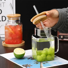 Borosilkat Cam Bambu Kapaklı Pipetli Bardak