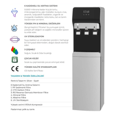 Star 3 Çeşmeli UV Sterilize Kendinden Artırmalı Su Sebili
