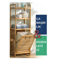 Bambu Kirli Sepetli 3 Raflı Çok Amaçlı Banyo Düzenleyici Çamaşır Sepeti Organizer 120x40 Cm