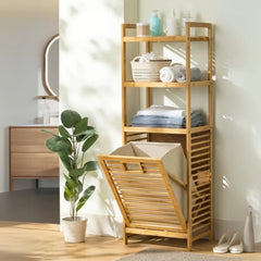 Bambu Kirli Sepetli 3 Raflı Çok Amaçlı Banyo Düzenleyici Çamaşır Sepeti Organizer 120x40 Cm