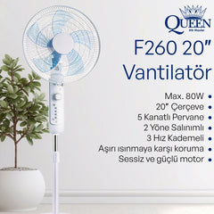 Queen 20'' 5 Kanatlı 3 Hız Kademeli Sessiz Vantilatör Beyaz