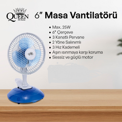 Master 6'' 3 Kanatlı Sessiz Masa Vantilatörü Mavi Beyaz