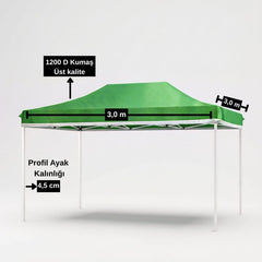 3x3 Metre Gazebo Kolay Kurulumlu 45 mm Profilli 1200 D Kumaş Bahçe Kamp Gölgeliği Tente Yeşil