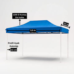 3x3 Metre Gazebo Kolay Kurulumlu 45 mm Profilli 1200 D Kumaş Bahçe Kamp Gölgeliği Tente Mavi