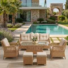 Rattan Balkon Bahçe Teras Oturma Grubu Camlı Masa 3+1+1 ve 2 Puf Açık Kahve