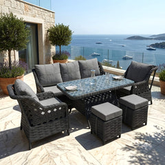 Rattan Balkon Bahçe Teras Oturma Grubu Camlı Masa 3+1+1 ve 2 Puf Antrasit