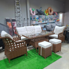 Rattan Balkon Bahçe Teras Oturma Grubu Camlı Masa 3+1+1 Koyu Kahve