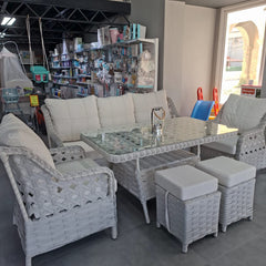 Rattan Balkon Bahçe Teras Oturma Grubu Camlı Masa 3+1+1 ve Puf Grili Kırık Beyaz