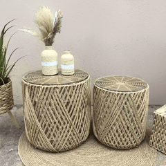 2 Li Halat Örgü Üstü Camlı Sehpa 45x47 ve 36x42 Cm