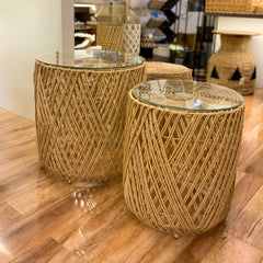 2 Li Halat Örgü Üstü Camlı Sehpa 45x47 ve 36x42 Cm