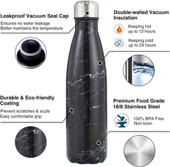 Yalıtımlı Çift Duvar Paslanmaz Çelik Termos Matara 500 ml Siyah Beyaz Damarlı