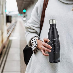 Yalıtımlı Çift Duvar Paslanmaz Çelik Termos Matara 500 ml Siyah Beyaz Damarlı