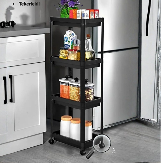 4 Gözlü Mutfak Banyo Rafı Tekerlekli Siyah