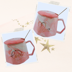 2 Adet Kapaklı Kaşıklı Seramik Mermer Love Mug Kupa Seti