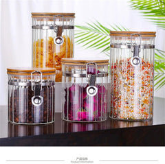 Dikey Çizgili Bambu Kapak Klipsli Cam Saklama Kavanozu 1200 ml
