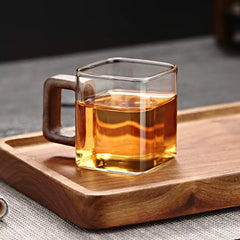 Wooden-Handled Square-Designed Borosilicate Glass Coffee Cup