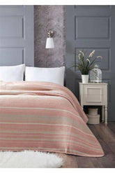 Çift Kişilik 180x220 Cm İnce Battaniye Yatak Örtüsü Pembe Krem