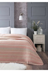 Çift Kişilik 180x220 Cm İnce Battaniye Yatak Örtüsü Pembe Krem